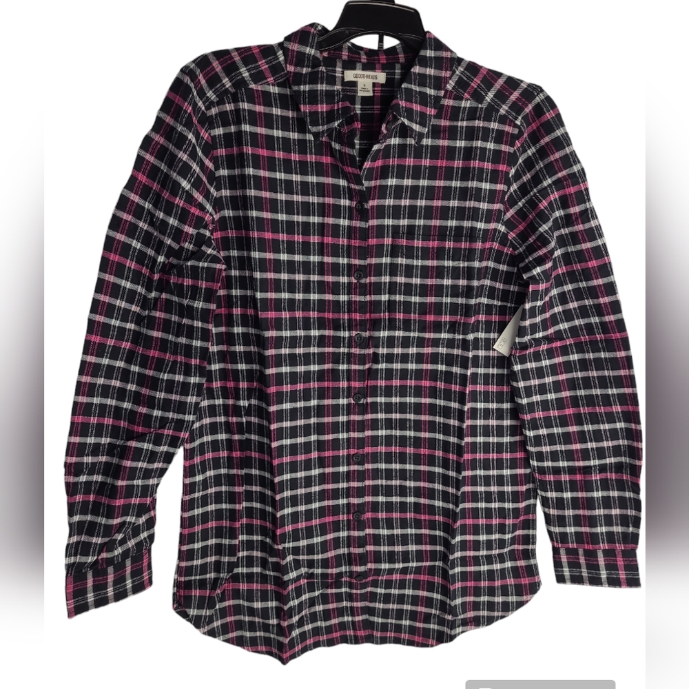 Goodthreads Women Flannel Drop-Shoulder Long-Sleeve Shirt Black Pink Plaid S
